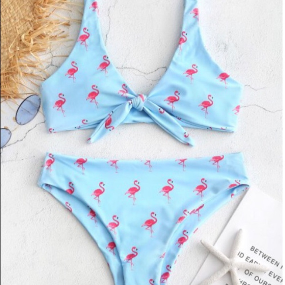 ZAFUL Flamingo print Knot top Cheeky Bikini